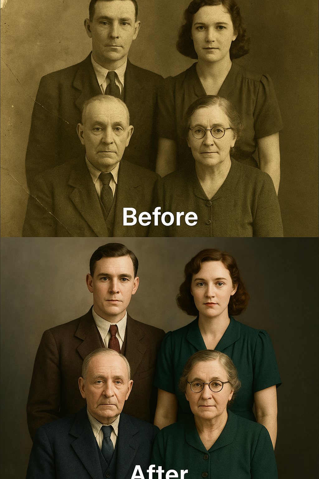 1940s family group portrait before and after AI restoration - four people across generations