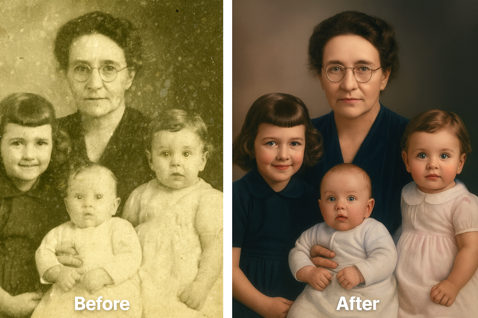 Vintage Family Portrait AI Restoration - Before and After Examples from early 1900s family photo