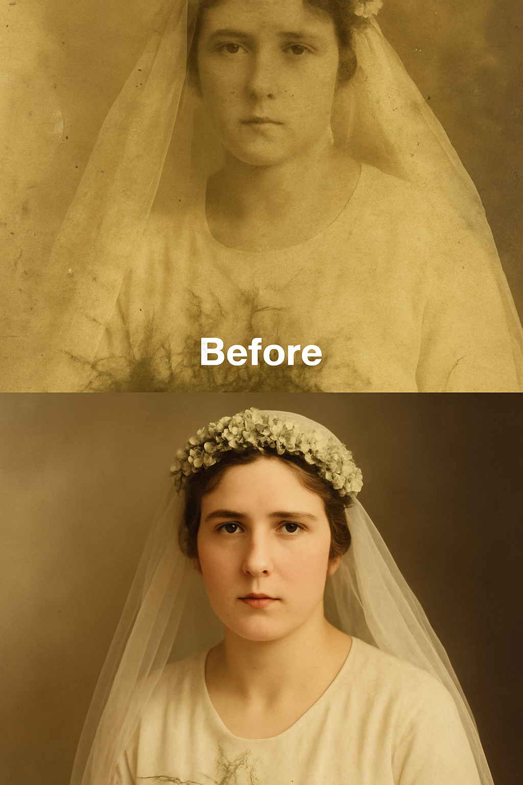 1920s wedding portrait before and after AI restoration - bride with veil and floral crown